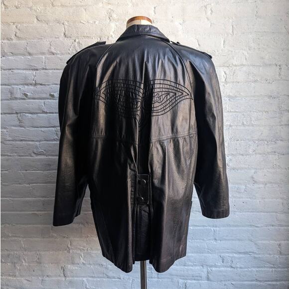 Vintage Minimalist Black Leather Duster Embroidered Biker Moto Goth Trench Coat - Picture 2 of 9
